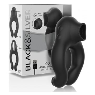 BLACK&SILVER - ANILLO VIBRADOR SILICONA 3 MOTORES RECARGABLE NEGRO