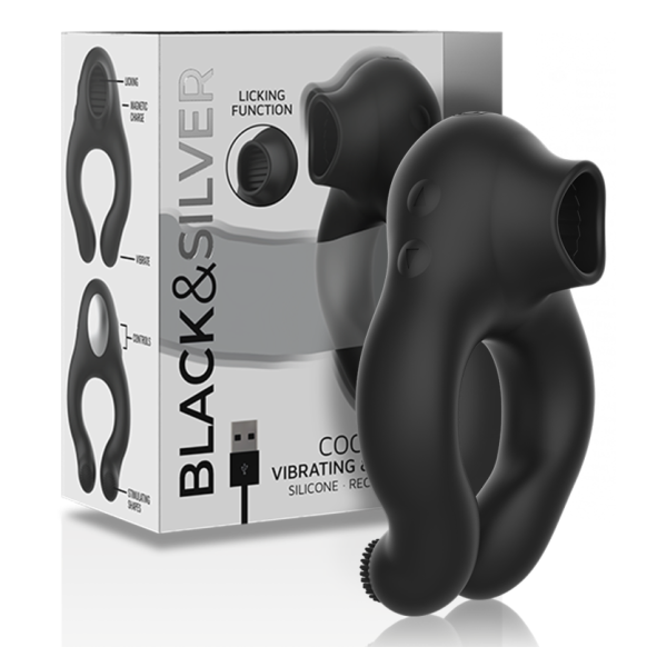 BLACK&SILVER - ANILLO VIBRADOR SILICONA 3 MOTORES RECARGABLE NEGRO
