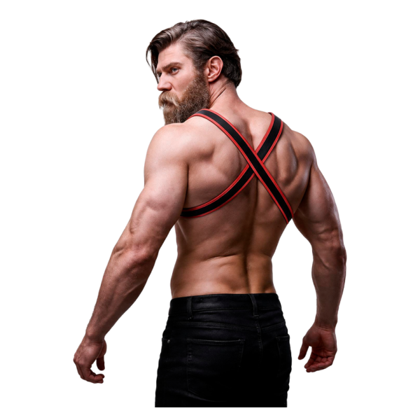 FETISH SUBMISSIVE ATTITUDE - BRUST-BULLDOG-GESCHIRR AUS ÖKOLEDER FÜR HERREN, SCHWARZ/ROT