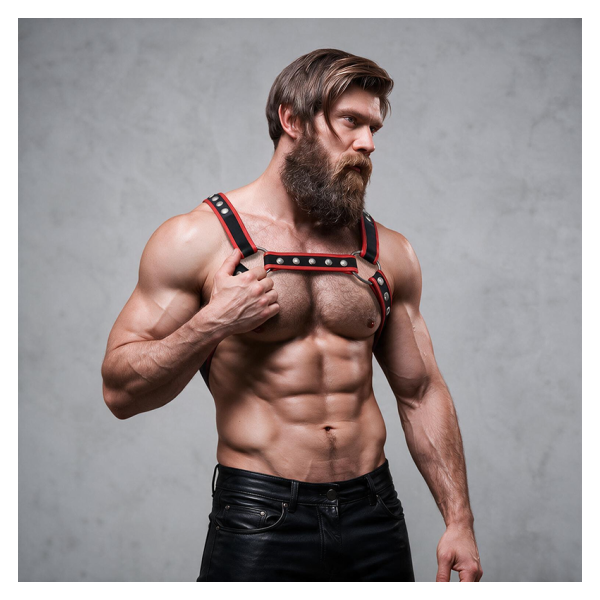 FETISH SUBMISSIVE ATTITUDE - BRUST-BULLDOG-GESCHIRR AUS ÖKOLEDER FÜR HERREN, SCHWARZ/ROT