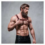FETISH SUBMISSIVE ATTITUDE - BRUST-BULLDOG-GESCHIRR AUS ÖKOLEDER FÜR HERREN, SCHWARZ/ROT