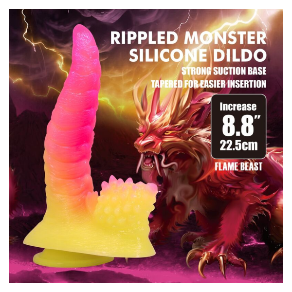 POWER MONSTERS - GODEMICHET MONSTRE ONDULÉ FANTASY AVEC VENTOUSE 22,5 CM Ø 5,5 CM ROSE ET JAUNE