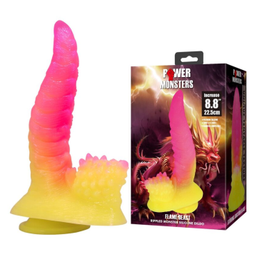POWER MONSTERS - GODEMICHET MONSTRE ONDULÉ FANTASY AVEC VENTOUSE 22,5 CM Ø 5,5 CM ROSE ET JAUNE