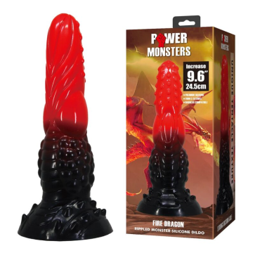 POWER MONSTERS - GODEMICHÉ FANTAISIE DRAGON DE FEU AVEC VENTOUSE 24,5 CM Ø 5,8 CM ROUGE ET NOIR