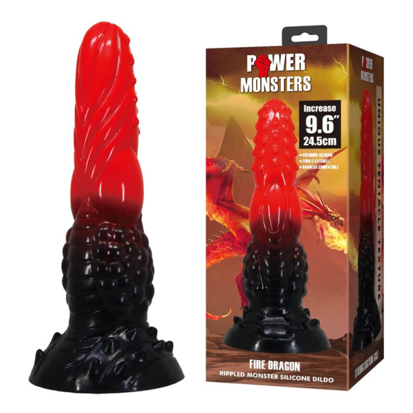 POWER MONSTERS - DILDO FANTASY DRAGO DI FUOCO CON VENTOSA 24,5 CM Ø 5,8 CM ROSSO E NERO