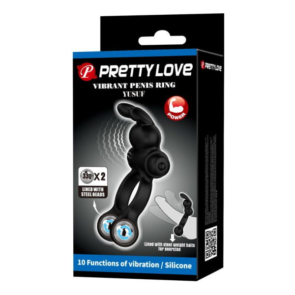 PRETTY LOVE - ANNEAU VIBRANT POUR PÉNIS AVEC STIMULATEUR LAPIN, 10 FONCTIONS, NOIR
