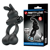 PRETTY LOVE - ANELLO PER PENE VIBRANTE CON STIMOLATORE A FORMA DI CONIGLIETTO, 10 FUNZIONI, NERO