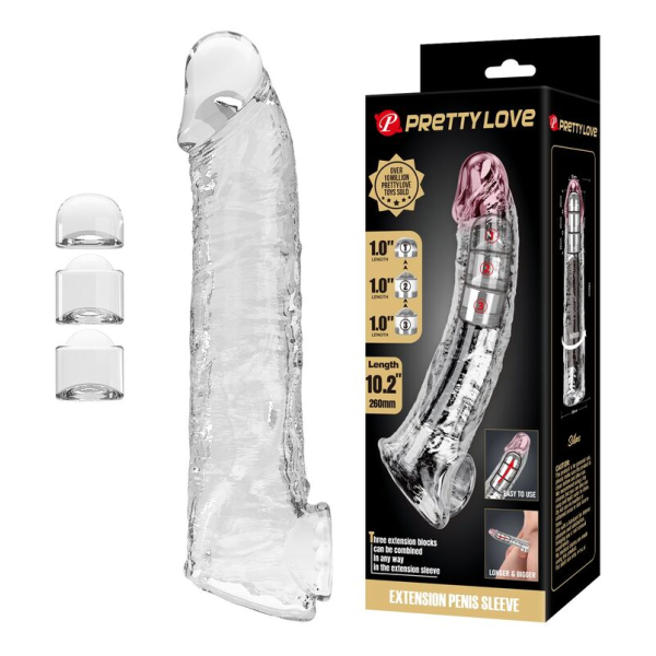 PRETTY LOVE - MANICOTTO REGOLABILE PER L'ESTENSIONE DEL PENE 26 CM Ø 4 CM TRASPARENTE