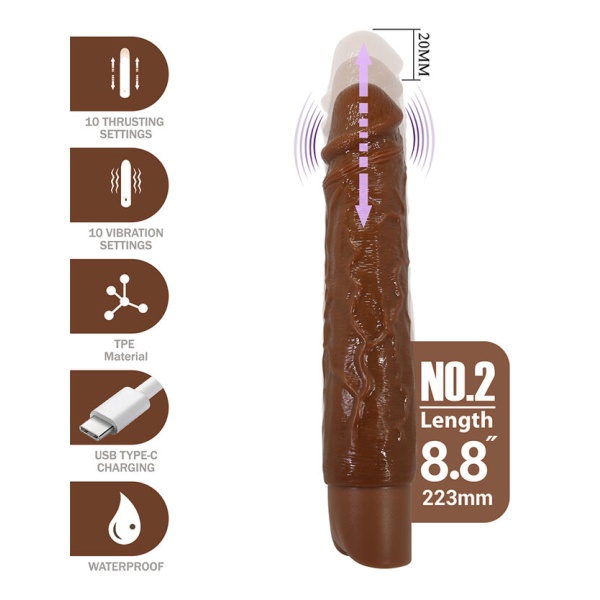 PRETTY LOVE - KESSLER REALISTIC VIBRATING DILDO WITH 10 VIBRATION MODES AND 10 THROWS, 22 CM, BROWN