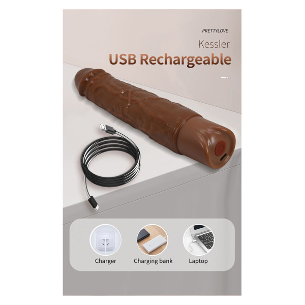 PRETTY LOVE - KESSLER REALISTIC VIBRATING DILDO WITH 10 VIBRATION MODES AND 10 THROWS, 22 CM, BROWN