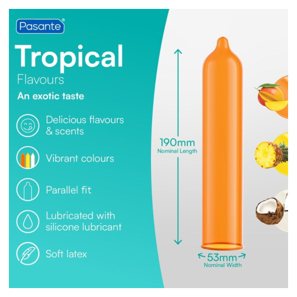 PASANTE - TROPICAL MANGO PINEAPPLE AND COCONUT FLAVOURED CONDOMS 53 MM 144 UNITS