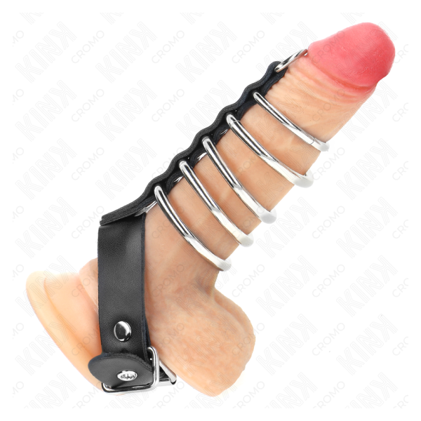 KINK - ANILLO PENE CUERO CORREA CON CERRADURA 21 X 2 CM Y 5 ANILLOS METAL DE 3 CM A 4 CM