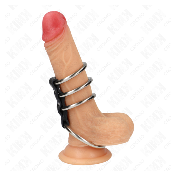 KINK - 4 ANILLOS PENE METAL 3.7 CM A 5 CM CONECTADOS POR CUERO