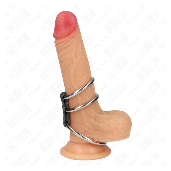 KINK - ANILLO PENE TRIPLE METAL 3.7 CM A 5 CM CONECTADOS CON CUERO